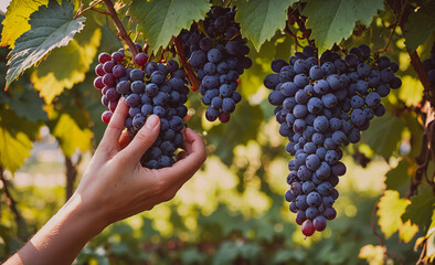 Poster - A hand is reaching for a bunch of grapes. The grapes are ripe and ready to be picked. Concept of abundance and the joy of harvesting fresh produce