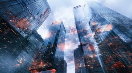Poster - Real estate investing concept with digital stock market candlestick on business skyscrapers background. Double exposure