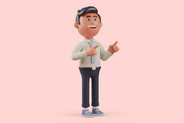 Poster - A cheerful 3D cartoon businessman points and explains, conveying information with enthusiasm.