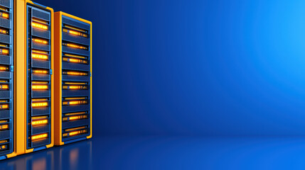 Poster - Data server racks with glowing lights on blue background