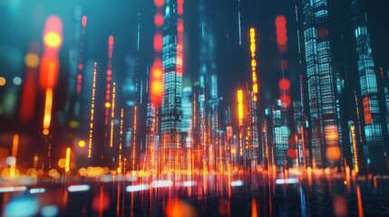 Poster - Abstract glowing big data forex candlestick chart on blurry city backdrop. Trade, technology, investment and analysis concept. Double exposure