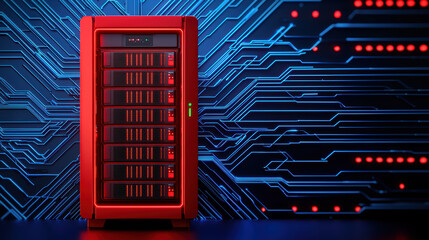 Poster - High tech server with glowing lights and circuit design
