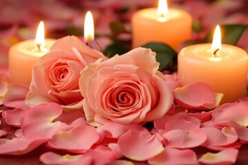 Poster - Soft pink roses nestled among glowing candles and delicate petals in a tranquil setting. Generative AI