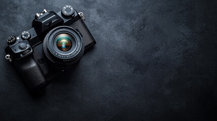 Aufkleber - An elegant camera rests on a textured black background, showcasing its intricate features and inviting the viewer to explore photography's artistry and potential for storytelling