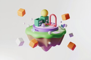 Poster - A whimsical 3D rendering of a miniature island with colorful buildings, floating cubes, and playful elements.