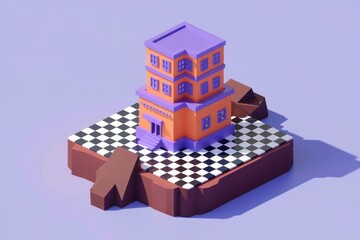 Poster - A low-poly 3D model of a charming orange and purple building, situated on a checkered platform.