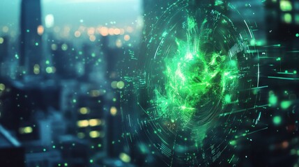 Aufkleber - Abstract glowing ECO HUD screen hologram on blurry city background. Ecosystem and digital technology concept. Double exposure