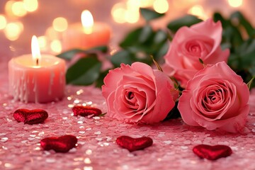 Aufkleber - Romantic arrangement of pink roses with candlelight and heart decorations for a special occasion. Generative AI