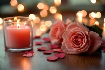 Poster - Romantic candlelight setup with pink roses and heart shaped decorations during a special evening. Generative AI