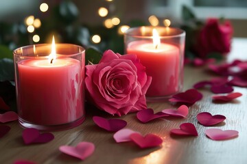 Aufkleber - Romantic setting with candles and rose petals during a cozy evening at home. Generative AI