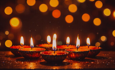Poster - A row of candles are lit up in a dark room. The candles are arranged in a circle, with some of them being taller than others. The scene has a warm and cozy atmosphere, with the candles providing a
