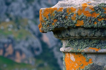 Wall Mural - Ancient stone column, weathered and covered in vibrant orange and green lichen, set against a blurred mountain backdrop.