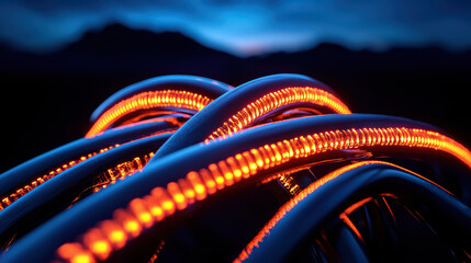 Poster - Glowing cables in dark landscape with mountains