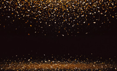 Poster - A black background with gold confetti falling from the sky. The confetti is scattered all over the background, creating a festive and celebratory atmosphere