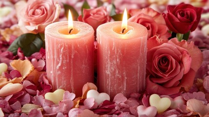 Poster - romantic arrangement of pink candles with roses and heart shaped petals for a special occasion. gene