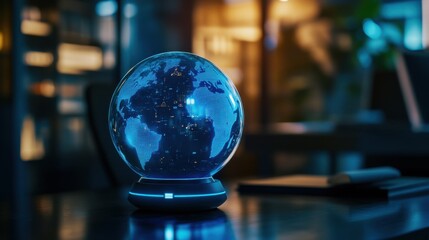 Poster - technology, cyberspace and globalization concept - glowing smart speaker on table at office with virtual hologram of earth globe