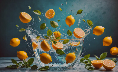 Poster - A bowl of lemons and water splashing out of it. The lemons are floating in the water and some are falling out of the bowl