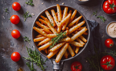 Poster - A bowl of french fries with herbs on top. The bowl is surrounded by tomatoes and other vegetables