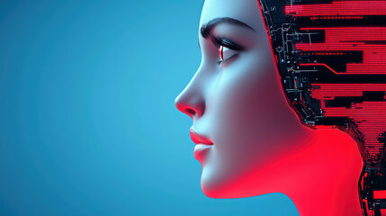 Poster - Digital human face with circuit design and blue background