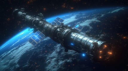 Wall Mural - Spaceship orbiting Earth, showing detailed design and atmospheric details.