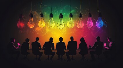Poster - silhouettes meeting under colorful idea bulbs - illustration of business meeting and brainstorming w