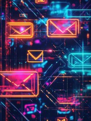 Poster - abstract digital artwork presenting email marketing symbols growth metrics and animated data flows highlighted by neon colors and dynamic patterns conveying a sense of conne