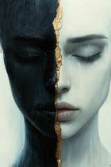 Two faces, one black and one white, smile together with gold.