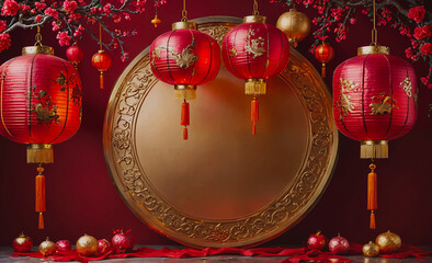 Poster - A red and gold table with four red lanterns hanging from it. The lanterns are hanging from the ceiling and are of different sizes. The table is surrounded by red and gold decorations, creating a
