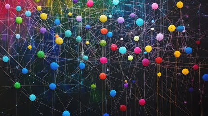 Poster - Colorful network connections representing social relationships and interactions among individuals in a modern business environment.
