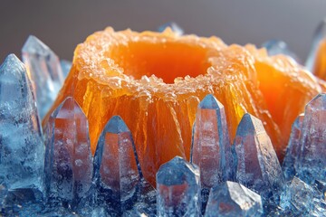Leinwandbilder - An amber volcano-like formation is nestled amidst a cluster of vibrant blue crystals, creating a stunning contrast.