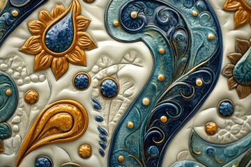 Aufkleber - Intricate embossed leather artwork featuring paisley patterns in gold and teal, a luxurious textile design.