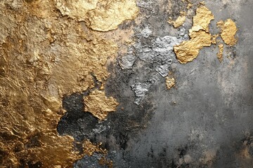 Poster - Abstract textured background with gold and silver leaf accents on a dark gray surface.