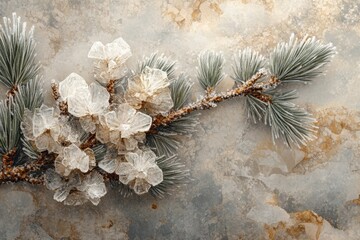 Poster - Frost-covered pine branch with ice crystals resembling delicate flowers on a textured background.