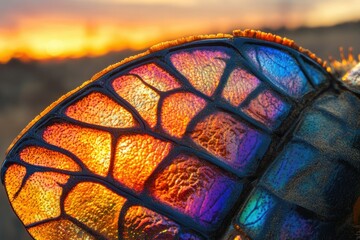 Poster - A vibrant insect wing, iridescent colours reflecting sunset, detailed macro photography showcasing nature's artistry.
