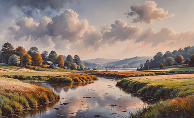 Poster - A painting of a river with a house in the background. The sky is cloudy and the water is calm