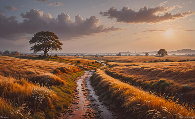 Poster - A road runs through a field of tall grass. The sky is cloudy and the sun is setting