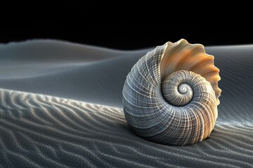 Poster - A spiral seashell rests on dark sand dunes, showcasing intricate details and natural beauty.