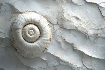Poster - A large, spiraled seashell rests on a textured, cracked white wall.