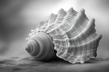 Poster - A grayscale close-up captures the intricate details of a seashell resting on sand.