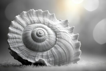 Poster - A grayscale close-up of a spiral seashell resting on sand, illuminated by soft light.