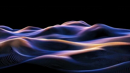 Poster - futuristic digital landscape with blue lines and dots creating waves and depth, gradient effect in d