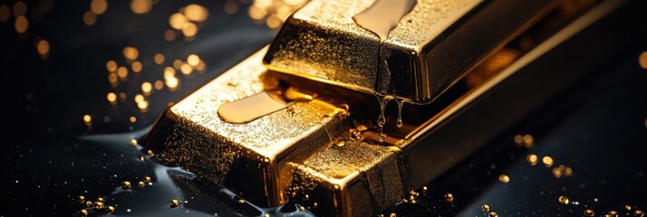 Aufkleber - Shiny gold bars resting on a black surface with liquid gold dripping down in a bright light setting. Generative AI