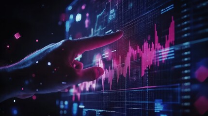 Poster - Forex market growth and business investing concept with man finger on digital touch screen with trading diagram and graphs on dark background