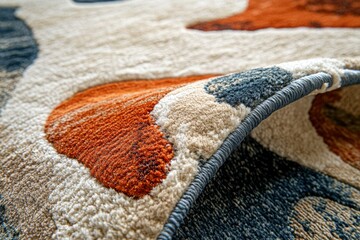 Poster - Close-up of a plush rug with abstract orange, beige, and blue patterns.