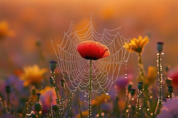Poster - A vibrant red poppy adorned with a glistening dew-kissed spiderweb in a sunlit field of wildflowers.