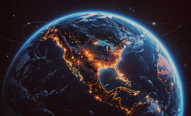 Poster - A close up of the Earth with the United States lit up in the night sky. Concept of wonder and awe at the beauty of our planet and the vastness of the universe