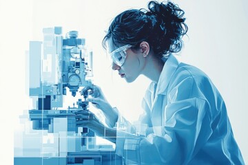 Aufkleber - A female scientist meticulously operates a complex scientific instrument, engrossed in her research.