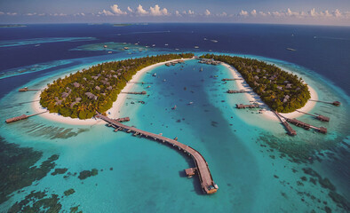 Fototapete - A beautiful island with a pier and a bridge. The island is surrounded by water and has a lot of palm trees