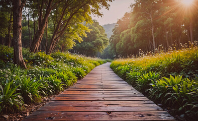 Poster - A path through a forest with a wooden bridge. The path is lined with green plants and flowers