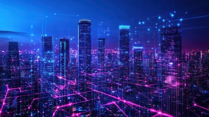 Poster - neon cyber threat network - futuristic businessscape
